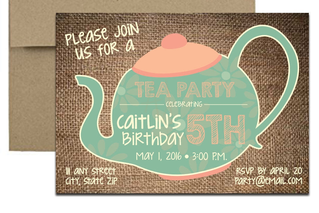 Burlap Tea Party Invitation with Envelopes | Printed Birthday Invites and Color Envelopes | Custom Colors Available