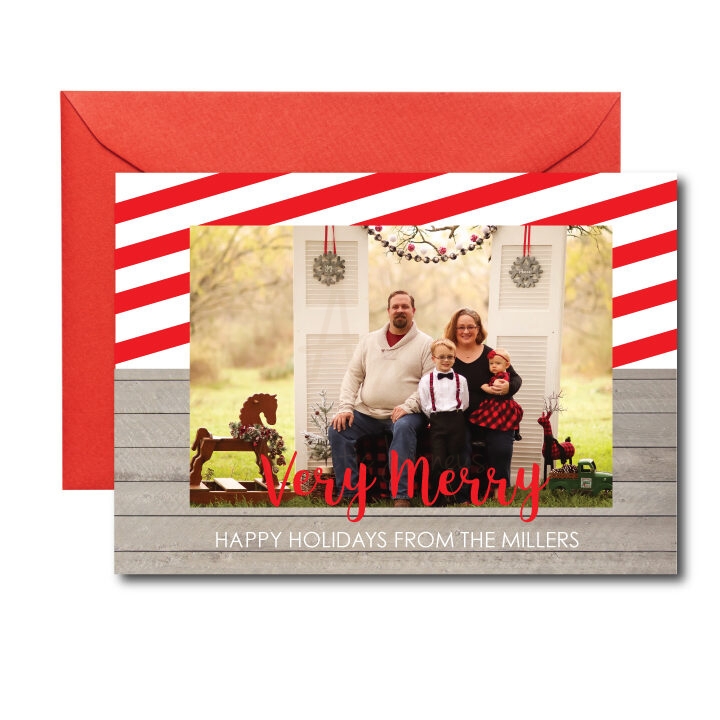 photo holiday card with candy cane stripes
