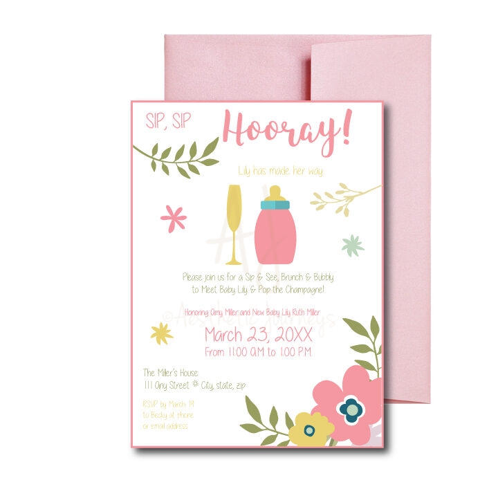 floral sip and see shower invite on white background with pink envelope