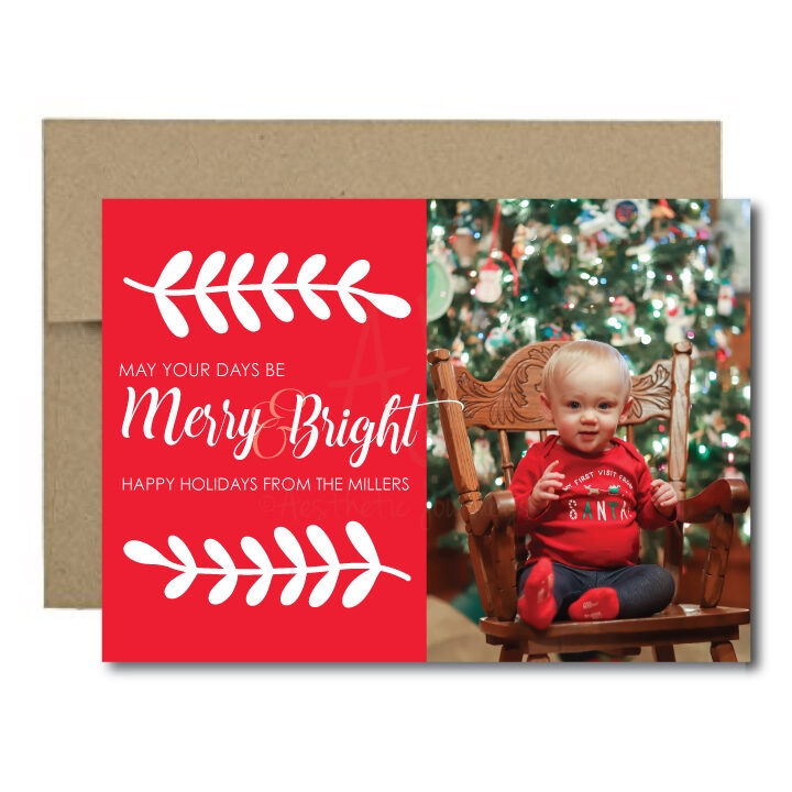 merry and bright photo christmas card on solid background