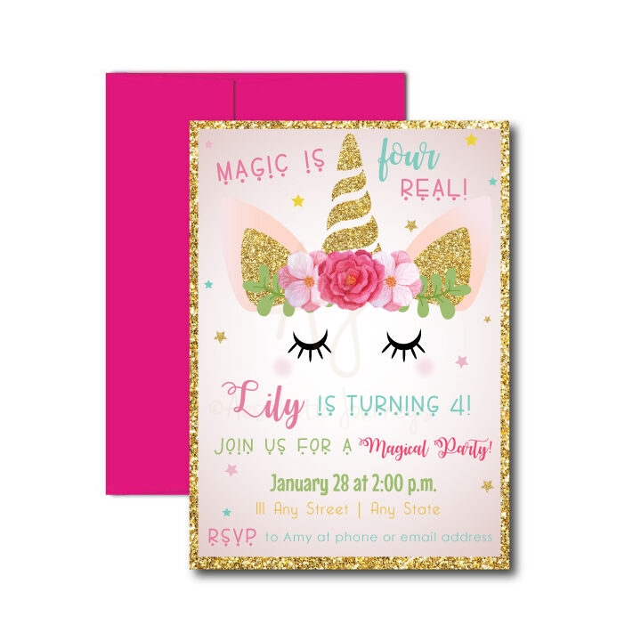 pink unicorn invite with envelope on white background