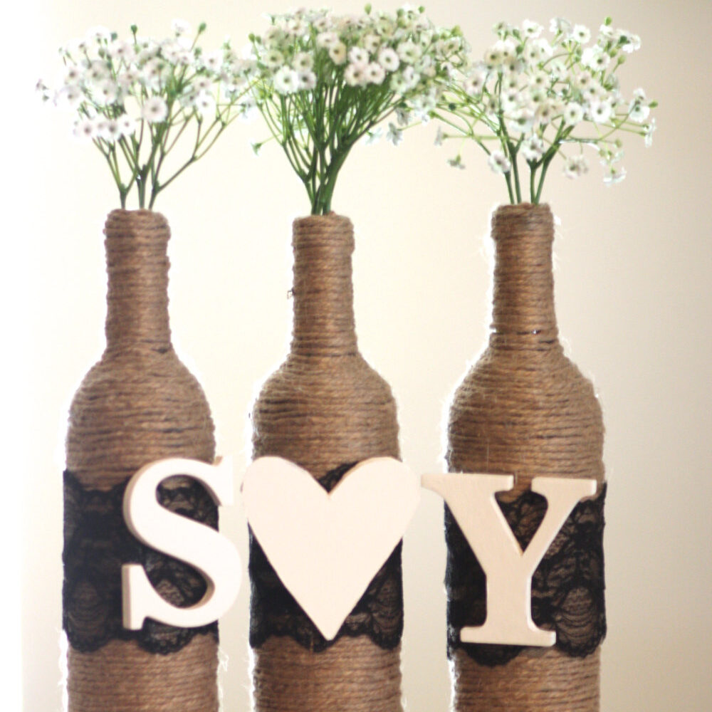 Rustic Wine Bottle Centerpiece | 3 Wrapped Wine Bottles with Two letters and Heart | Custom Colors of Lace and Letters Included
