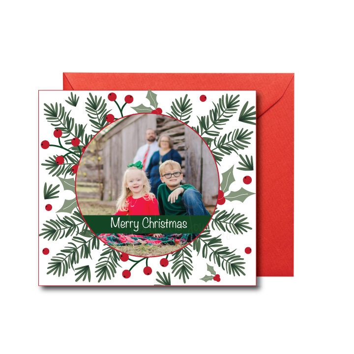 Square Christmas Card with photo on white background with red envelope