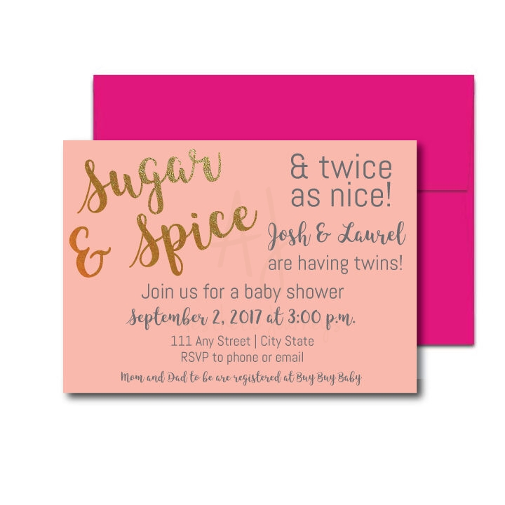 Sugar and Spice Invite for Twin shower theme on white background with pink envelope