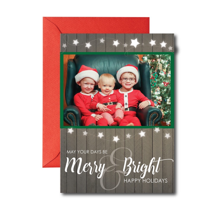 wood background merry and bright photo christmas card