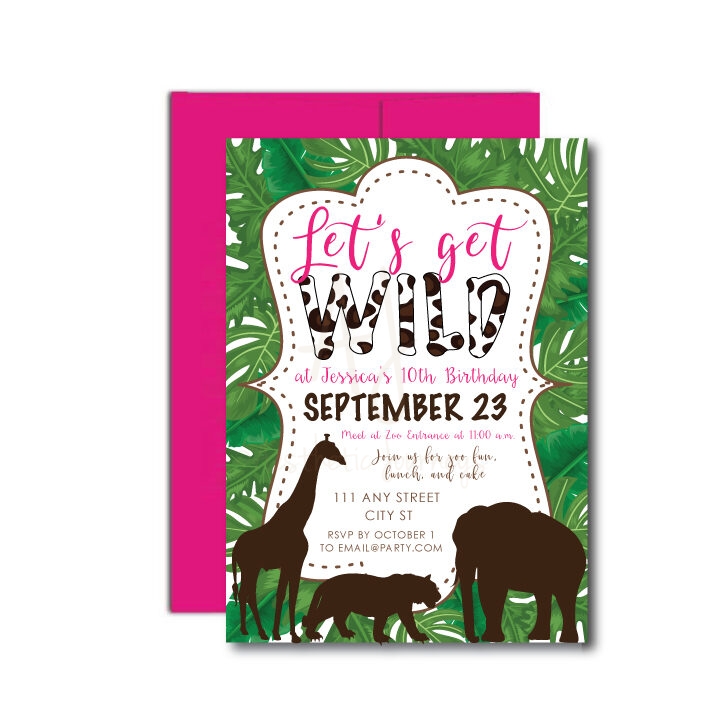 Zoo birthday Invite with pink envelope on white background